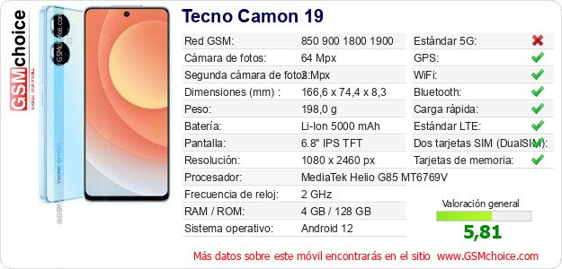 Tecno Camon 19 Datos técnicos del móvil Tecno Camon 19 Datos técnicos del móvil