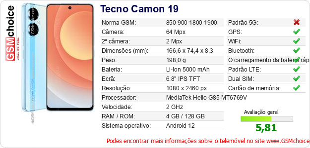 Tecno Camon 19 Especificações técnicas do telemóvel Tecno Camon 19 Especificações técnicas do telemóvel
