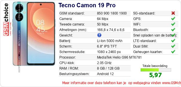 Tecno Camon 19 Pro Technische gegevens Tecno Camon 19 Pro Technische gegevens