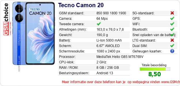 Tecno Camon 20 Technische gegevens Tecno Camon 20 Technische gegevens