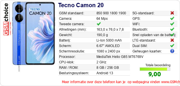 Tecno Camon 20 Technische gegevens 
