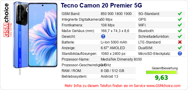 Tecno Camon 20 Premier 5G technische Daten Tecno Camon 20 Premier 5G technische Daten