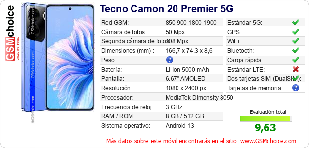 Tecno Camon 20 Premier 5G Datos técnicos del móvil Tecno Camon 20 Premier 5G Datos técnicos del móvil