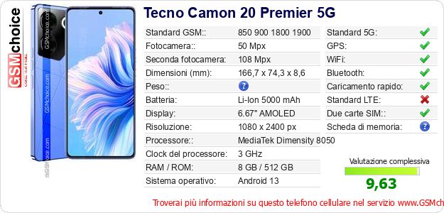 Tecno Camon 20 Premier 5G Dati tecnici di telefono cellulare Tecno Camon 20 Premier 5G Dati tecnici di telefono cellulare