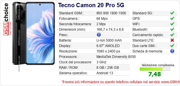 Tecno Camon 20 Pro 5G Dati tecnici di telefono cellulare Tecno Camon 20 Pro 5G Dati tecnici di telefono cellulare
