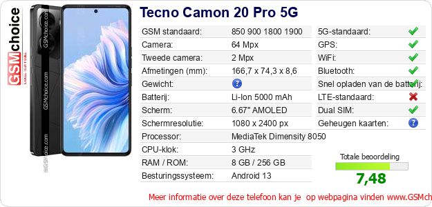 Tecno Camon 20 Pro 5G Technische gegevens Tecno Camon 20 Pro 5G Technische gegevens