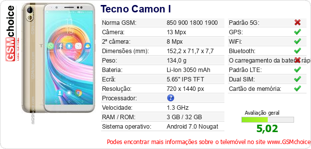 Tecno Camon I Especificações técnicas do telemóvel Tecno Camon I Especificações técnicas do telemóvel