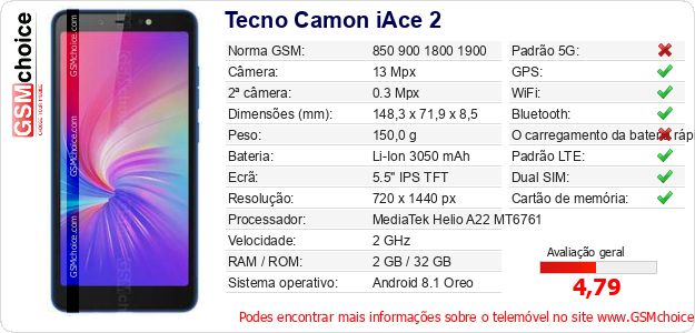 Tecno Camon iAce 2 Especificações técnicas do telemóvel Tecno Camon iAce 2 Especificações técnicas do telemóvel