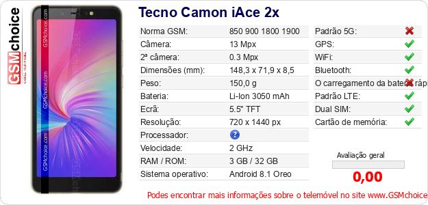 Tecno Camon iAce 2x Especificações técnicas do telemóvel Tecno Camon iAce 2x Especificações técnicas do telemóvel