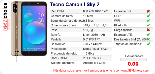 Tecno Camon I Sky 2 Datos técnicos del móvil Tecno Camon I Sky 2 Datos técnicos del móvil