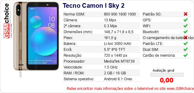 Tecno Camon I Sky 2 Especificações técnicas do telemóvel 