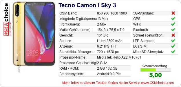 Tecno Camon I Sky 3 technische Daten Tecno Camon I Sky 3 technische Daten