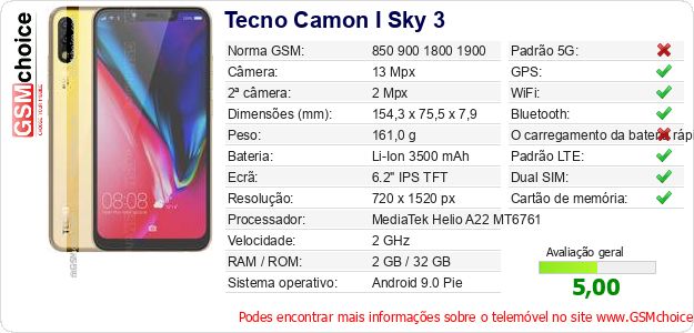 Tecno Camon I Sky 3 Especificações técnicas do telemóvel 
