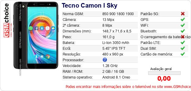 Tecno Camon I Sky Especificações técnicas do telemóvel Tecno Camon I Sky Especificações técnicas do telemóvel