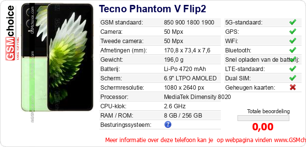Tecno Phantom V Flip2 Technische gegevens 