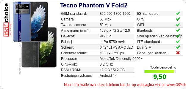 Tecno Phantom V Fold2 Technische gegevens Tecno Phantom V Fold2 Technische gegevens