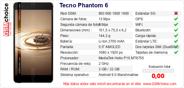 Tecno Phantom 6 Datos técnicos del móvil 