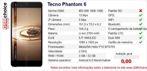 Tecno Phantom 6 Especificações técnicas do telemóvel 