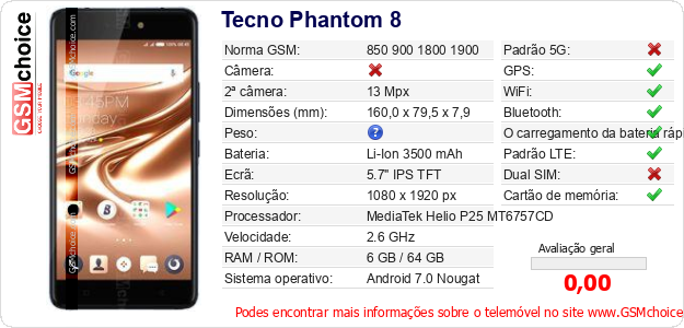 Tecno Phantom 8 Especificações técnicas do telemóvel 