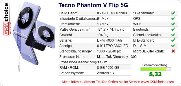 Tecno Phantom V Flip 5G technische Daten Tecno Phantom V Flip 5G technische Daten