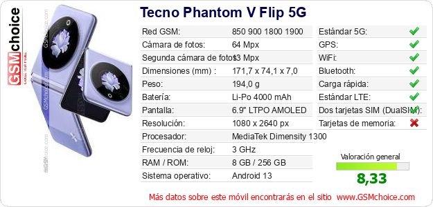 Tecno Phantom V Flip 5G Datos técnicos del móvil Tecno Phantom V Flip 5G Datos técnicos del móvil