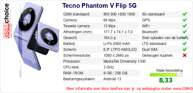 Tecno Phantom V Flip 5G Technische gegevens 