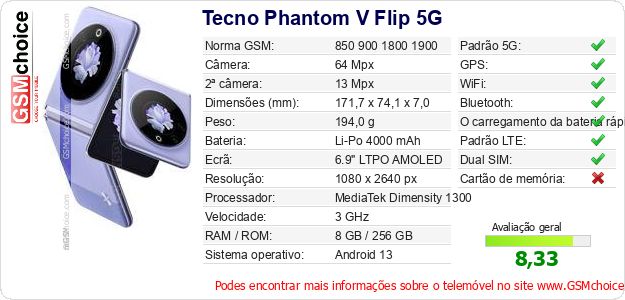Tecno Phantom V Flip 5G Especificações técnicas do telemóvel Tecno Phantom V Flip 5G Especificações técnicas do telemóvel