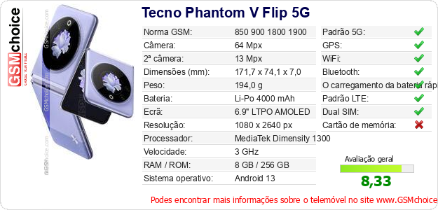 Tecno Phantom V Flip 5G Especificações técnicas do telemóvel 