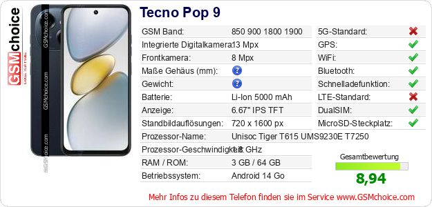 Tecno Pop 9 technische Daten Tecno Pop 9 technische Daten