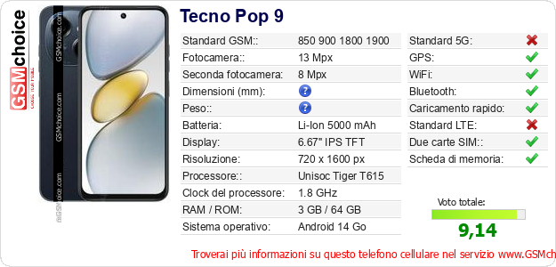 Tecno Pop 9 Dati tecnici di telefono cellulare Tecno Pop 9 Dati tecnici di telefono cellulare