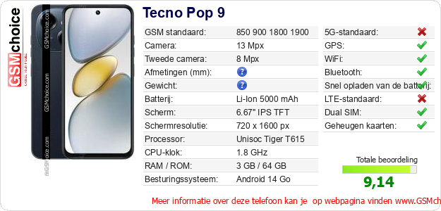 Tecno Pop 9 Technische gegevens 