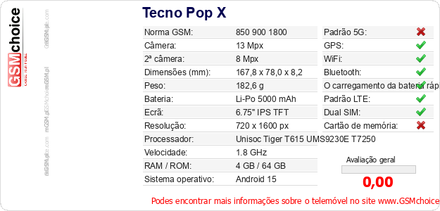 Tecno Pop X Especificações técnicas do telemóvel 