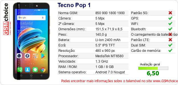 Tecno Pop 1 Especificações técnicas do telemóvel Tecno Pop 1 Especificações técnicas do telemóvel