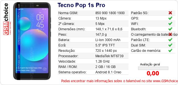 Tecno Pop 1s Pro Especificações técnicas do telemóvel Tecno Pop 1s Pro Especificações técnicas do telemóvel