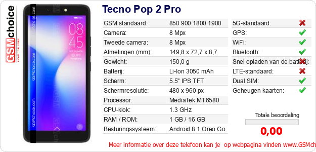 Tecno Pop 2 Pro Technische gegevens Tecno Pop 2 Pro Technische gegevens