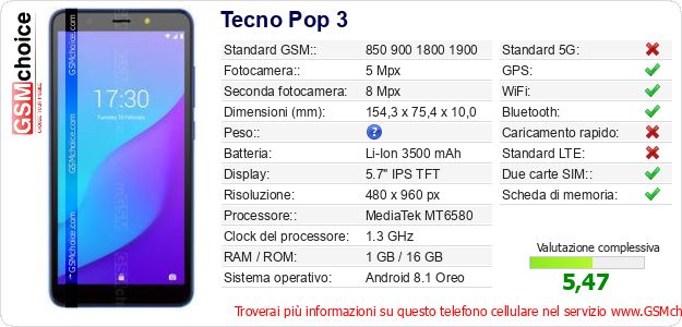 Tecno Pop 3 Dati tecnici di telefono cellulare Tecno Pop 3 Dati tecnici di telefono cellulare