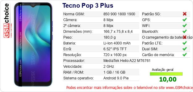 Tecno Pop 3 Plus Especificações técnicas do telemóvel 