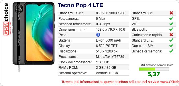 Tecno Pop 4 LTE Dati tecnici di telefono cellulare Tecno Pop 4 LTE Dati tecnici di telefono cellulare