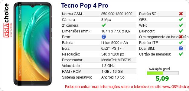 Tecno Pop 4 Pro Especificações técnicas do telemóvel 