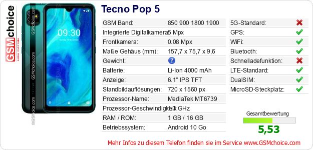 Tecno Pop 5 technische Daten Tecno Pop 5 technische Daten