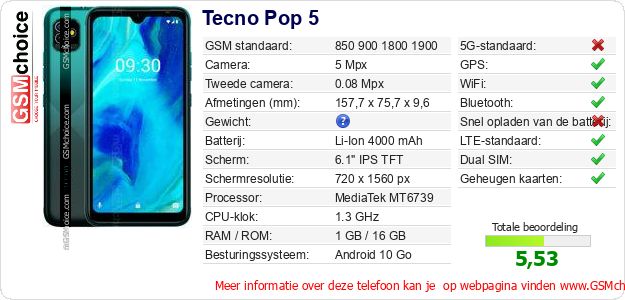 Tecno Pop 5 Technische gegevens Tecno Pop 5 Technische gegevens