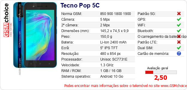 Tecno Pop 5C Especificações técnicas do telemóvel 