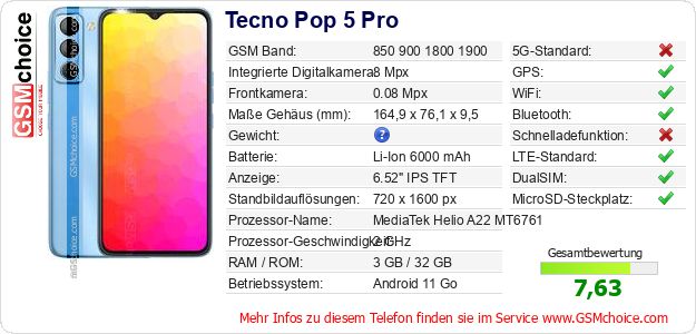 Tecno Pop 5 Pro technische Daten Tecno Pop 5 Pro technische Daten