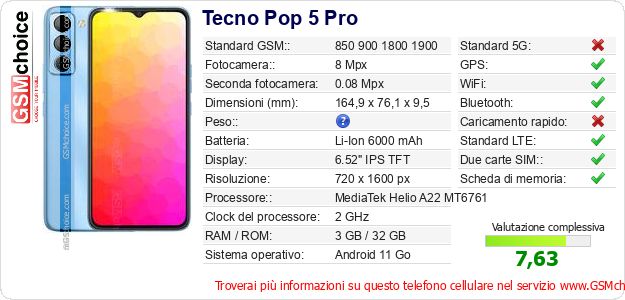 Tecno Pop 5 Pro Dati tecnici di telefono cellulare Tecno Pop 5 Pro Dati tecnici di telefono cellulare