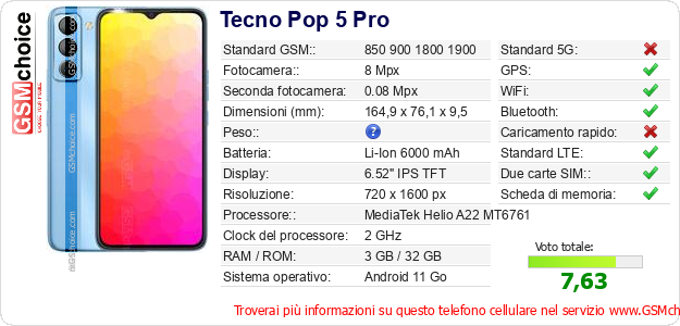 Tecno Pop 5 Pro Dati tecnici di telefono cellulare Tecno Pop 5 Pro Dati tecnici di telefono cellulare