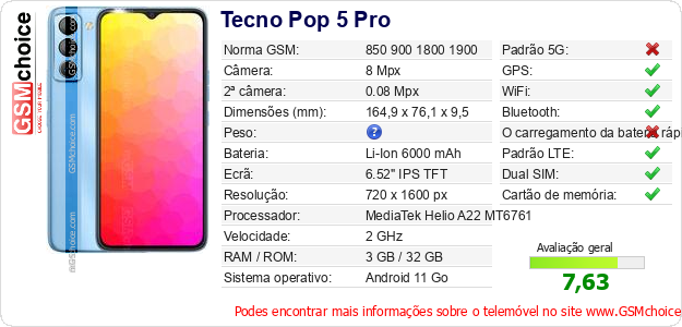 Tecno Pop 5 Pro Especificações técnicas do telemóvel Tecno Pop 5 Pro Especificações técnicas do telemóvel