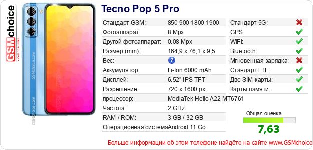 Tecno Pop 5 Pro Технические данные телефона Tecno Pop 5 Pro Технические данные телефона