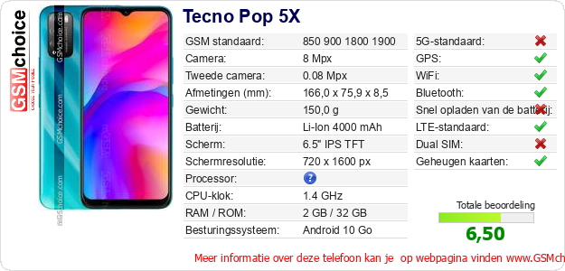Tecno Pop 5X Technische gegevens Tecno Pop 5X Technische gegevens