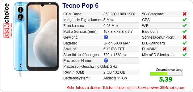 Tecno Pop 6 technische Daten Tecno Pop 6 technische Daten