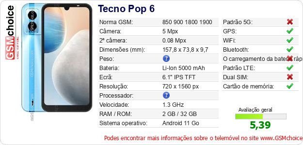 Tecno Pop 6 Especificações técnicas do telemóvel Tecno Pop 6 Especificações técnicas do telemóvel